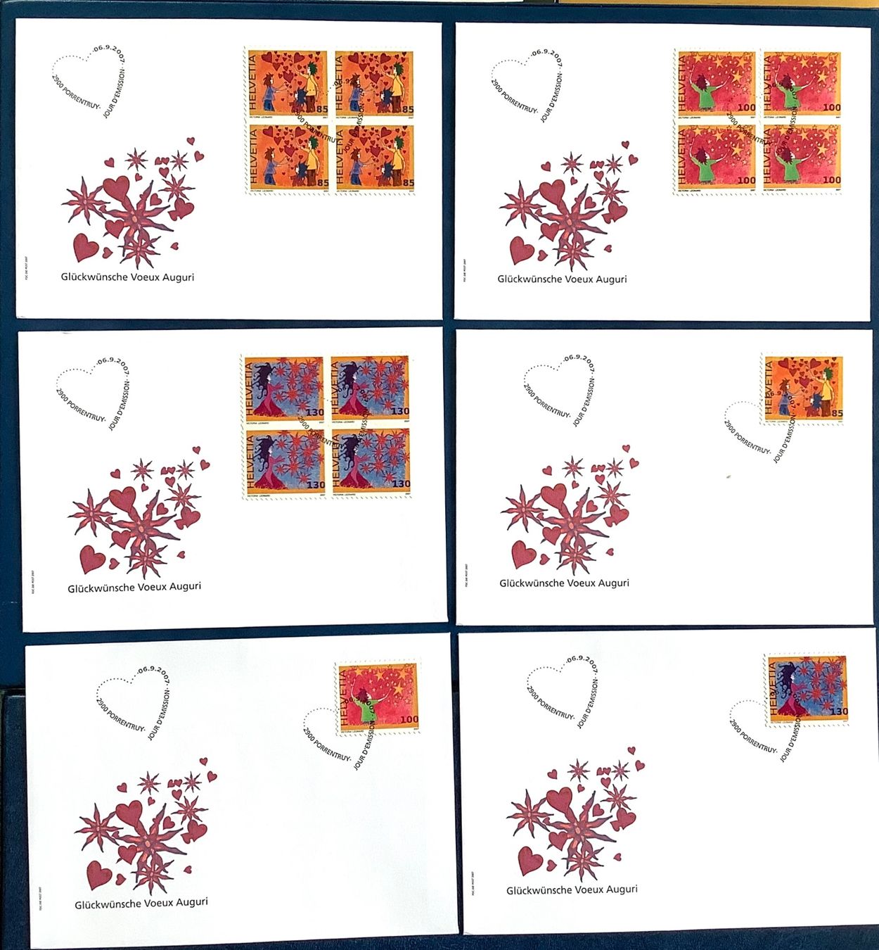 Alle Briefmarken: 2007 - Glückwünsche FDC Viererblock-Serie + Einzel – Neu (gemäss Beschreibung) aus Liestal von Skunk02