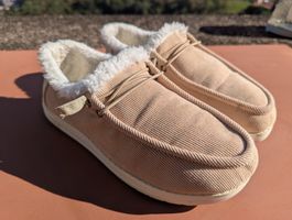 Warme Slipper Cord beige mit Teddyfutter Damen Gr. 39