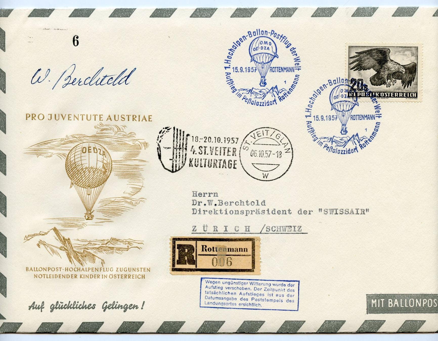 Tutti i francobolli: 1 Flugbrief Ballon-Postflug 1957 – Usato da Steffisburg venduto da Charlamov