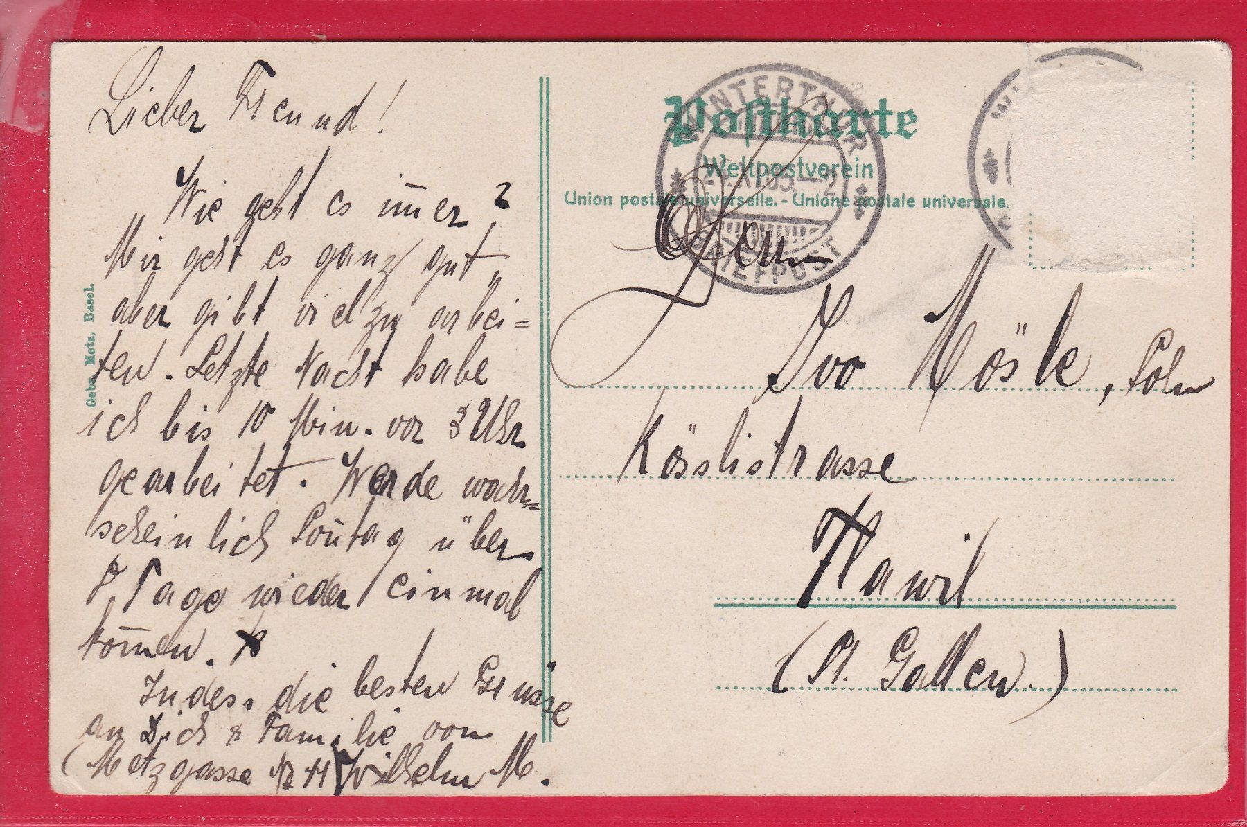 Cartoline postali: WINTERTHUR, TECHNIKUM, 24.11.1905 – Usato da Oberrieden venduto da Gebirgsstelze 1
