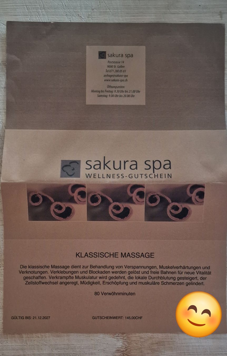 Buoni: Gutschein SakuraSpa "Klassische Massage" – Nuovo (secondo la descrizione) da Bischofszell venduto da audi_power92