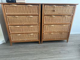Rattan Kommode mit 4 Rattankörben Holz