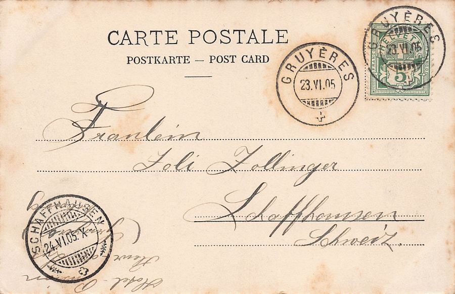 Cartoline postali: Gruyère et Dent de Broc, circulée 1905 – Usato da Frauenfeld venduto da POML 1