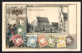 Augsburg, Stephansplatz mit Kirche, Brie
