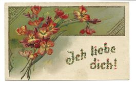 Blumenstrauss - Ich liebe Dich - Jugenstil Präge-Litho 1903