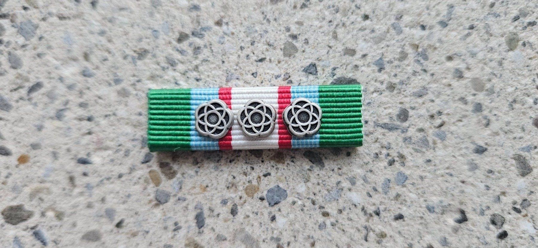Schweizer Armee Plaketten & Abzeichen: *** Ribbon Korea Einsatz 3xSilber *** – Neu (gemäss Beschreibung) aus Riedholz von fr_sIruP