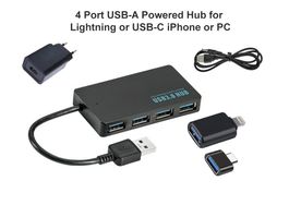 4 Port USB-A Powered Hub for Lightning or USB-C iPhone or PC