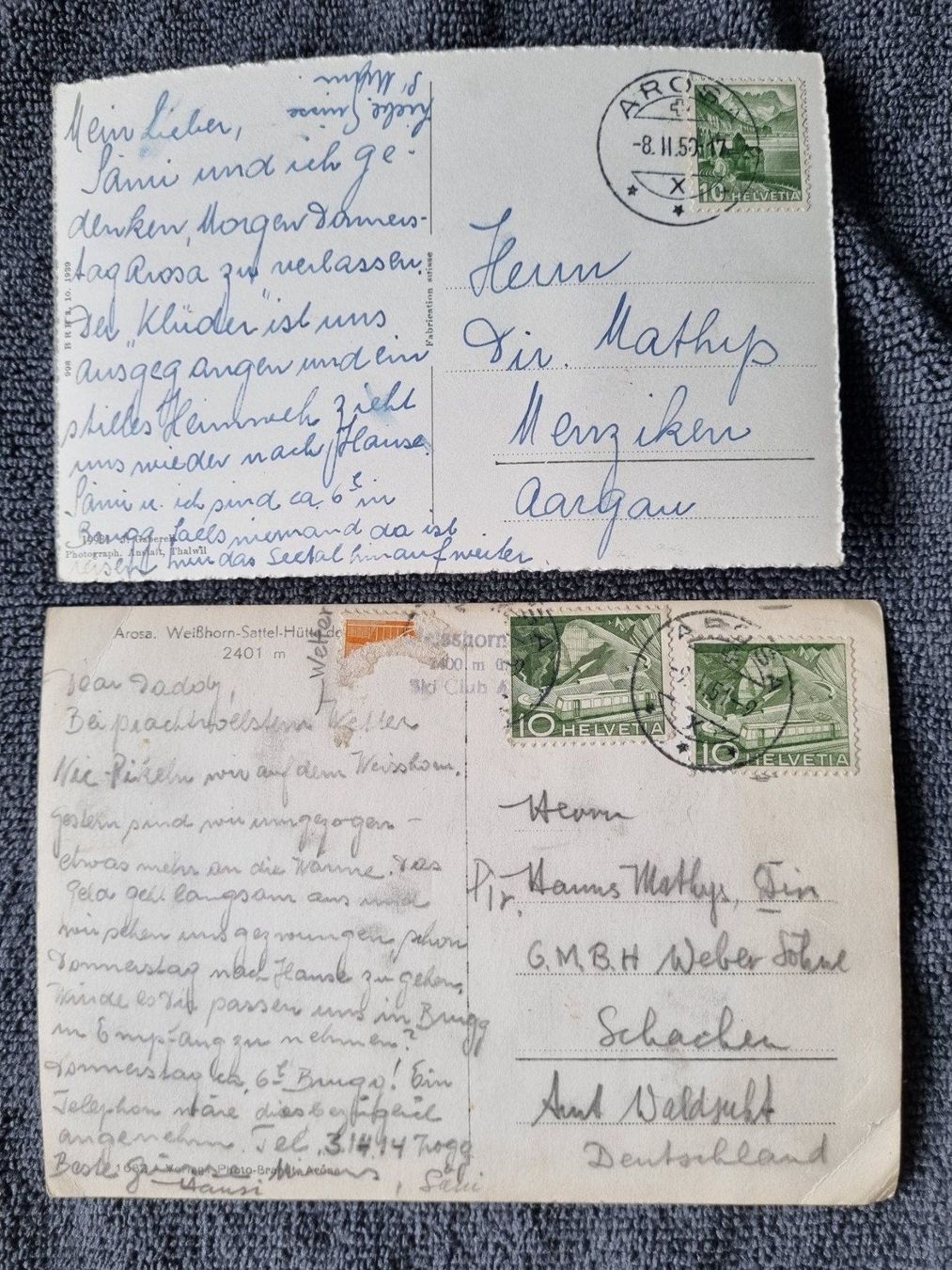 Ansichtskarten: Arosa 1950/51 2 Ansichtskarten Postkarten gelaufen mit Marke – Gebraucht aus Reinach AG von Cme 1