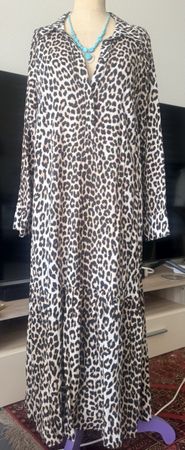 Leopard Print Dress with Collar Long Sleeve Midi