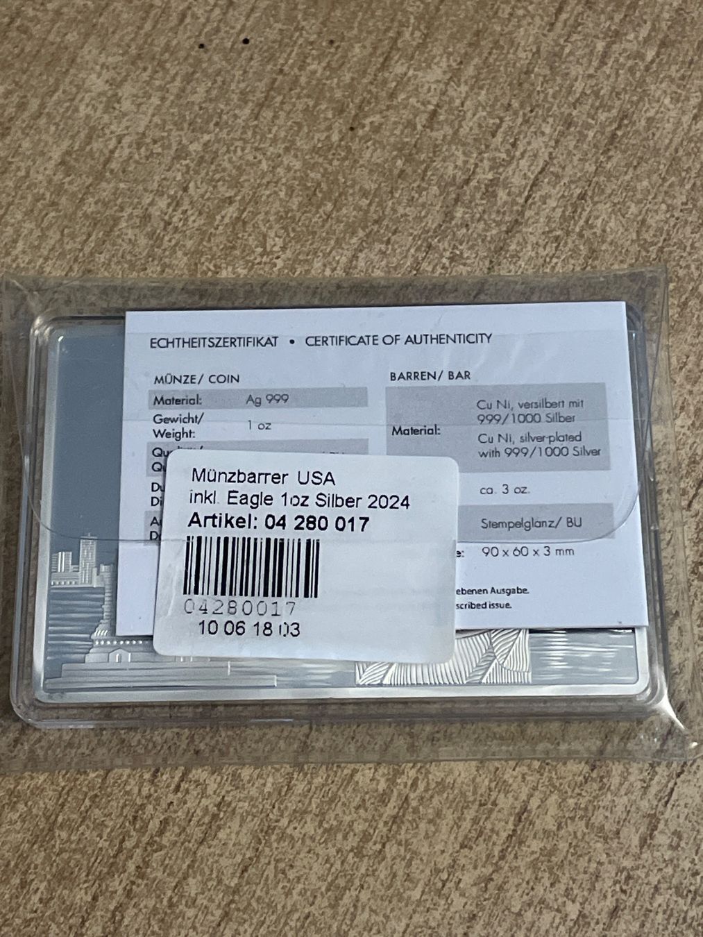 Metalli preziosi: 1OZ Liberty/Eagle 2024 in 3OZ Barren – Nuovo e nell'imballaggio originale da Schlossrued venduto da Tkanada 1