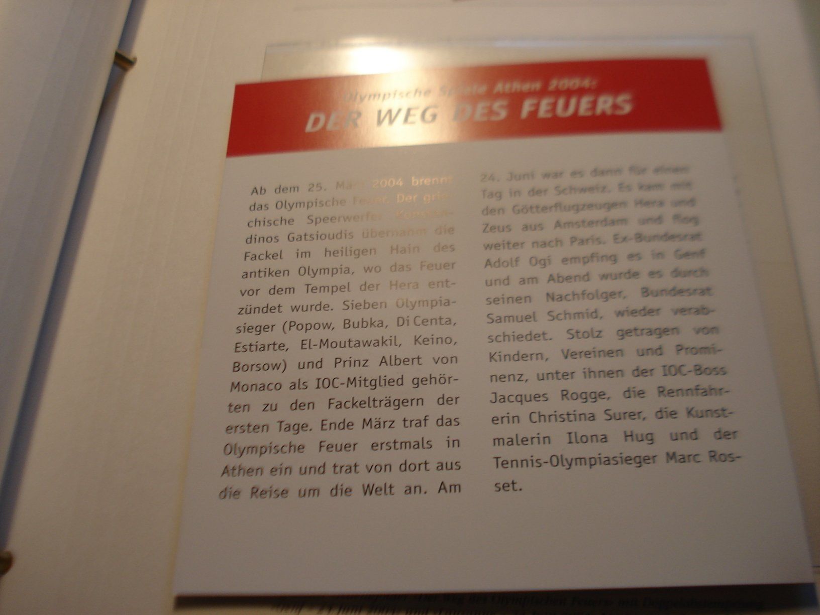 Tutti i francobolli: Folder Olympia 2004, "Der Weg des Feuers" – Usato da Niederwil AG venduto da morostahu 2