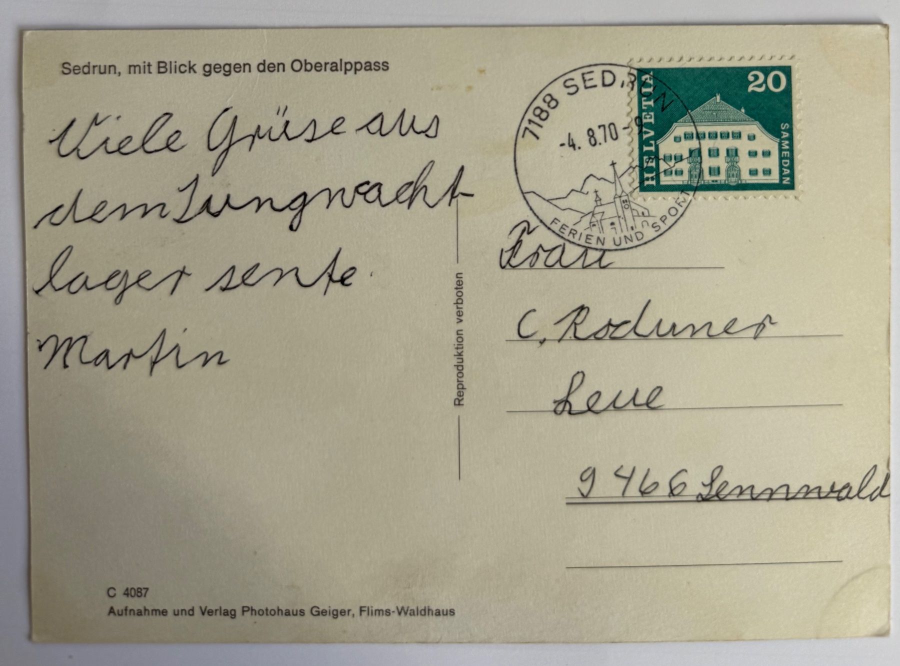 Ansichtskarten: Sedrun - 1970 – Gebraucht aus Lutry von Ediego 1
