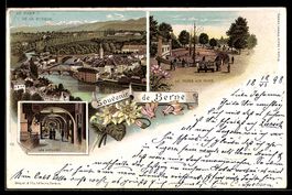 Lithographie Berne, Le Pont de la Nydeck, Les Arcades, La Fo