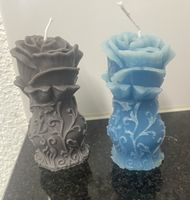 Dekorative Rosen Kerzen Set Grau und Blau neu