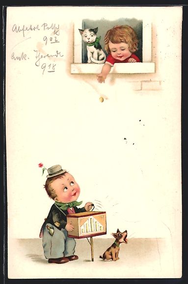 Cartoline postali: Kleiner Bursche mit Leierkasten spielt e – Usato da Berlin venduto da bartko-reher