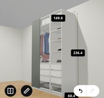 Ikea Pax Wandschrank graugrün weiss mit Scharniertüren.