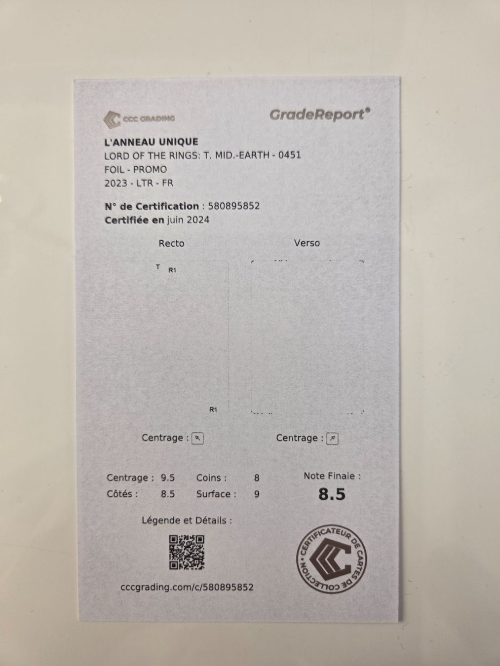 Carte Magic the Gathering L'ANNEAU UNIQUE - CCC GRADING 8.5 (Neu ...