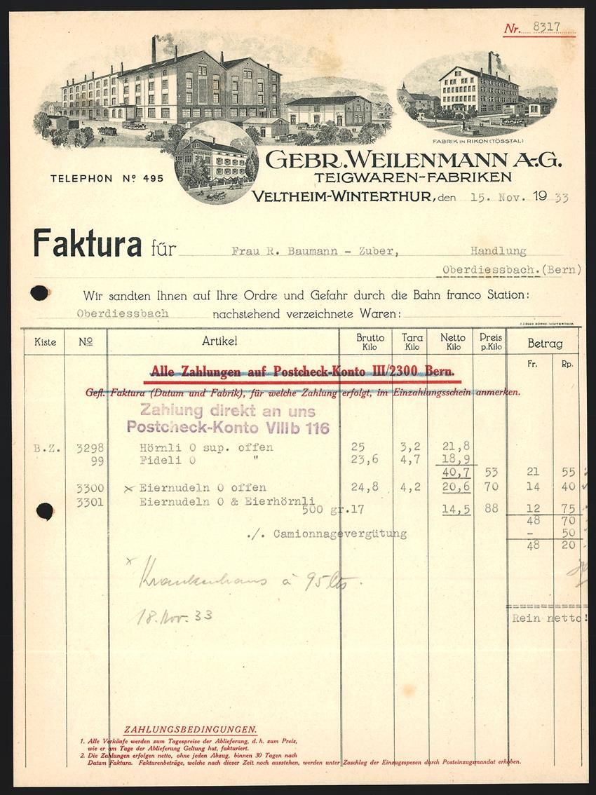 Altre raccolte & rarità: Rechnung Veltheim-Winterthur 1933, Gebr. – Usato da Berlin venduto da bartko-reher