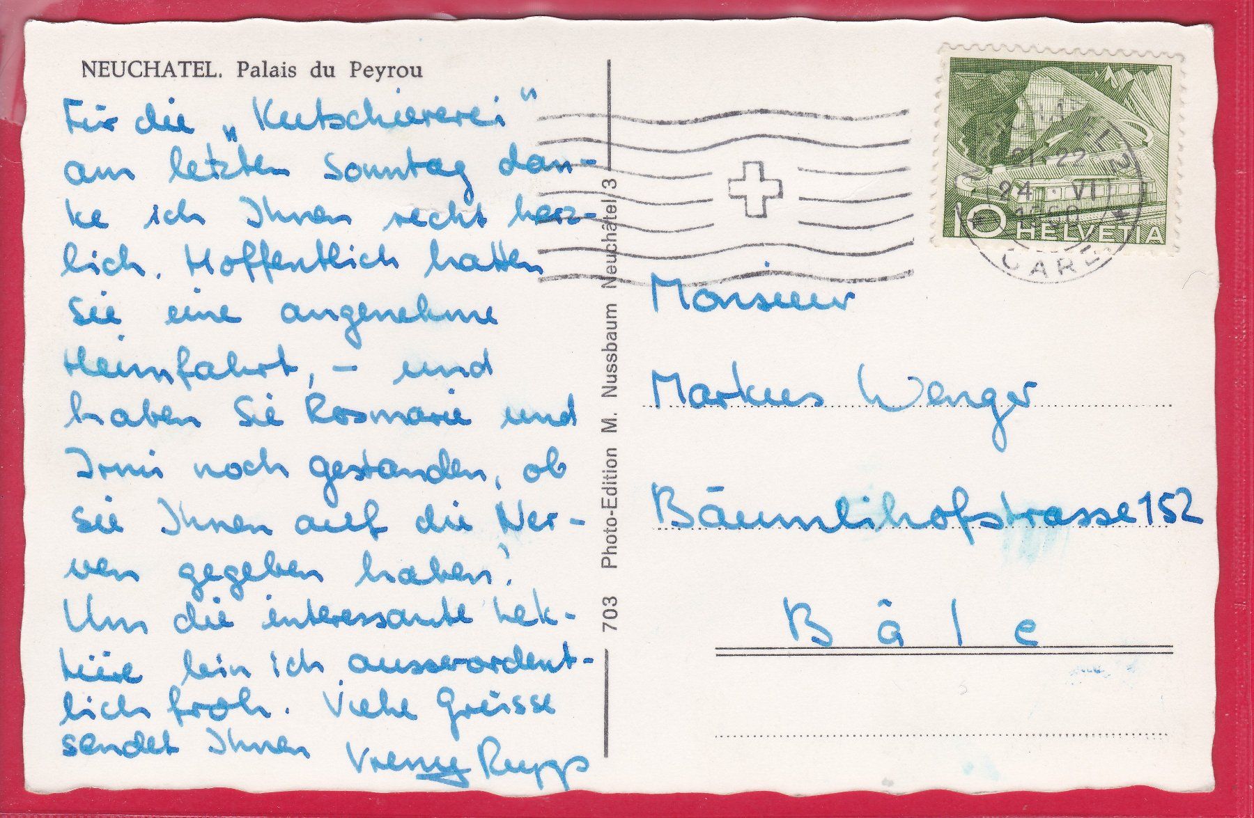 Ansichtskarten: NEUCHATEL, PALAIS DU PEYROU. 24.6.1960 – Gebraucht aus Oberrieden von Gebirgsstelze 1