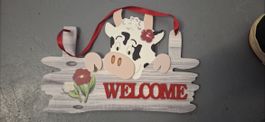 Dekoschild Kuh mit Blumen und Schriftzug Welcome