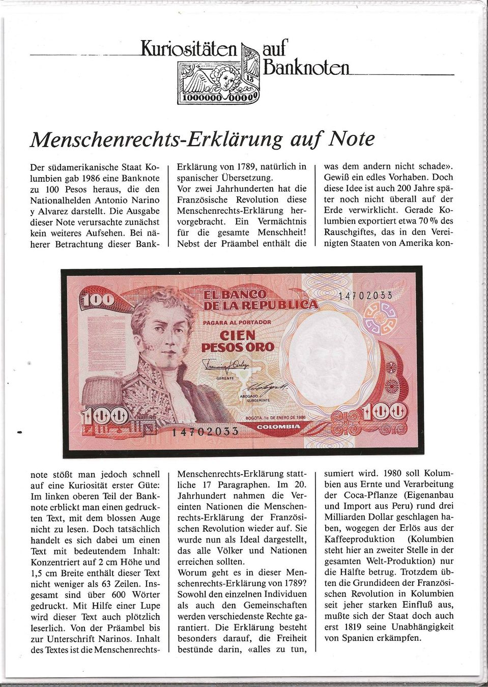 Billets de banque: Banknote Kolumbien 1985 – D'occasion à Zürich par Philacat11