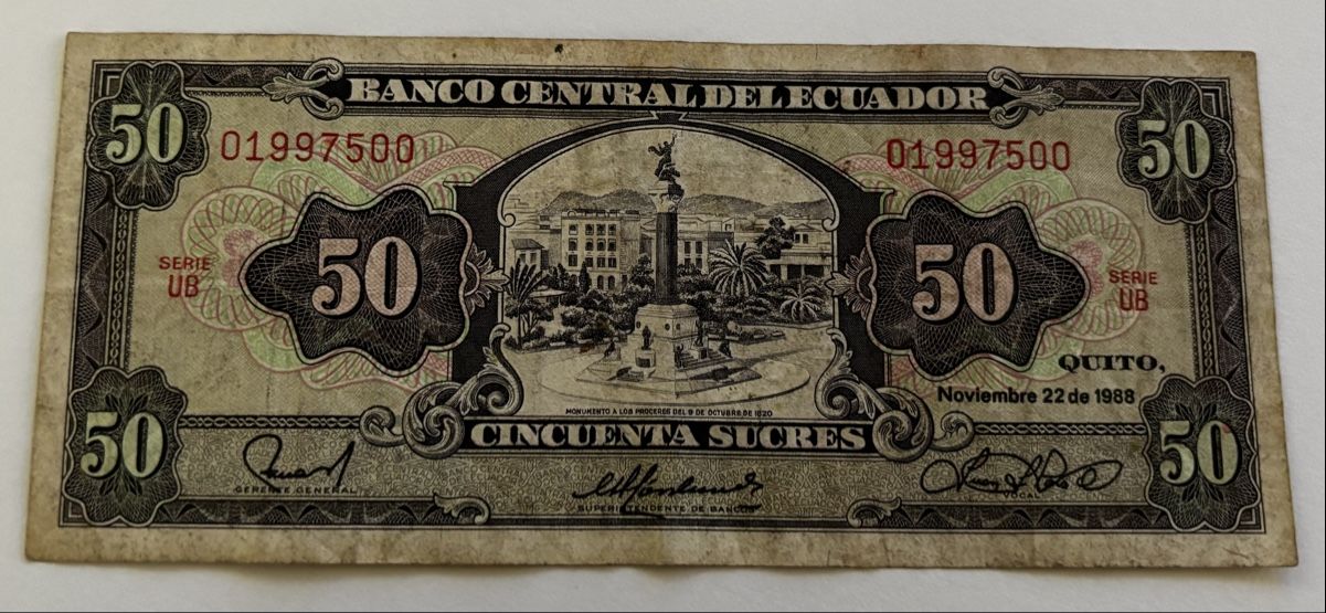 Banconote: Ecuador 50 Sucres 1988 – Usato da Algetshausen venduto da Carrhard