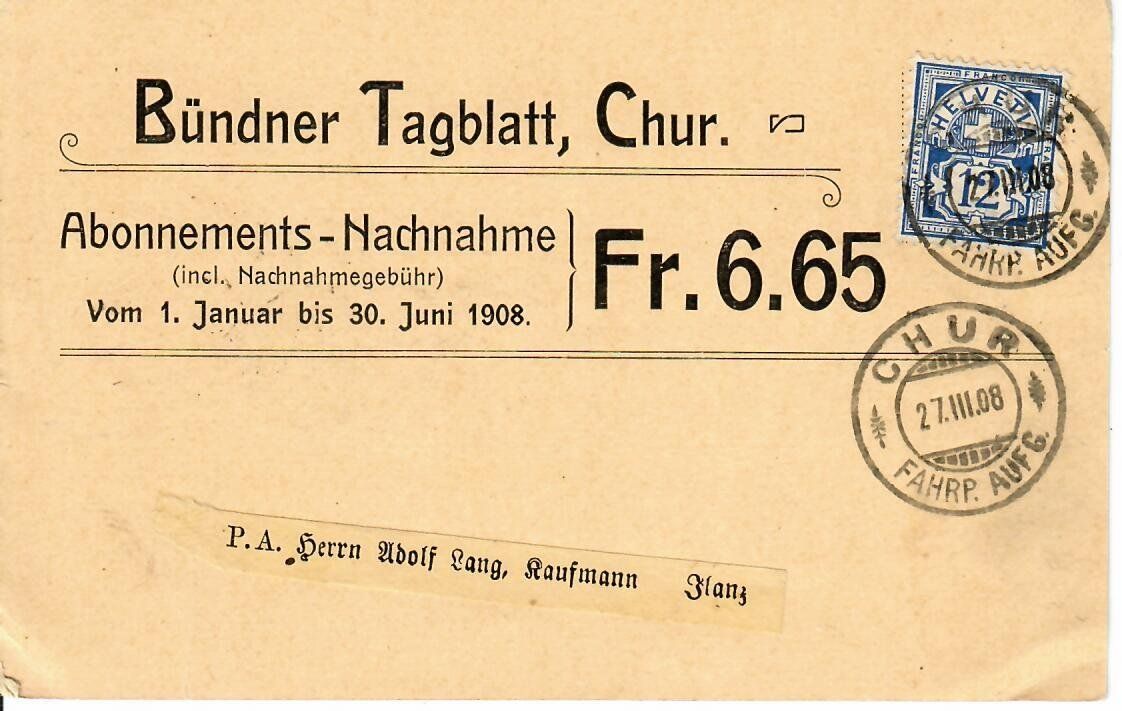 Alle Briefmarken: PK, Bündner Tagblatt Chur 1908 – Gebraucht aus Hochdorf von Ziegel-16