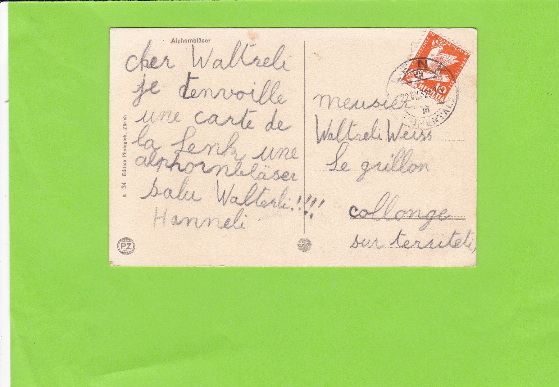Cartoline postali: Alphornbläser--1932 versendet – Usato da St. Peterzell venduto da neckertal 1