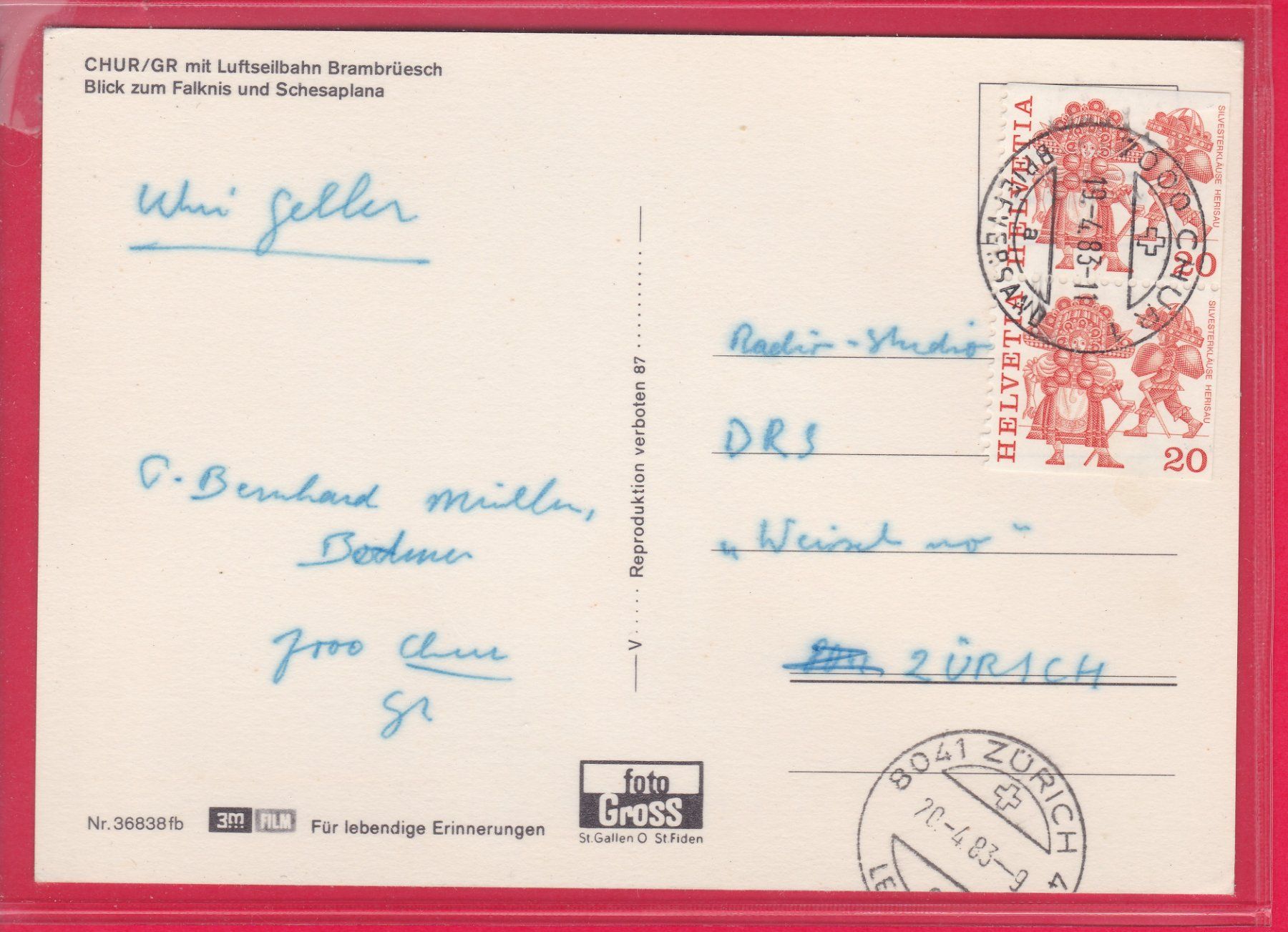 Cartoline postali: CHUR MIT LUFTSEILBAHN BRAMBRÜESCH, 19.4.1983 – Usato da Oberrieden venduto da Gebirgsstelze 1