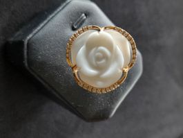 SUPERBE BAGUE OR ROSE 18CT, ROSE BLANCHE CACHALONG+DIAMANTS