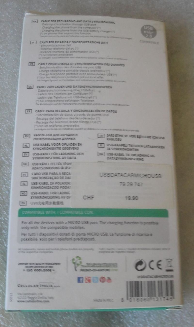 Cavi: Cellularline Micro USB Data Cable 115cm Câble de données New – Nuovo e nell'imballaggio originale da Genève venduto da Cockattoo 2