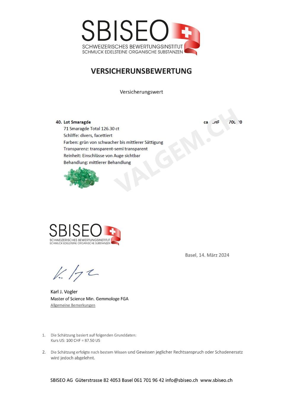 Edelsteine: 1x émeraude Colombie 4.91 ct - CERTIFICAT 910.- Fr – Neu (gemäss Beschreibung) aus Grimisuat von Valgem 3