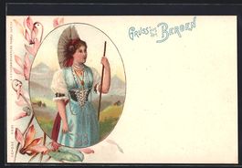 Litho Gruss aus den Bergen, Trachtenmäd