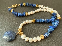 Neue Unikat 💎 Halskette mit Lapislazuli und Süßwasserperlen