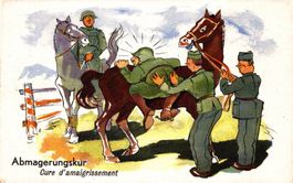 Humorkarte "Abmagerungskur". Soldaten mit Pferd