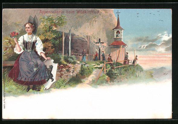 Cartoline postali: Litho Aescher-Wildkirchli, Appenzellerin – Usato da Berlin venduto da bartko-reher