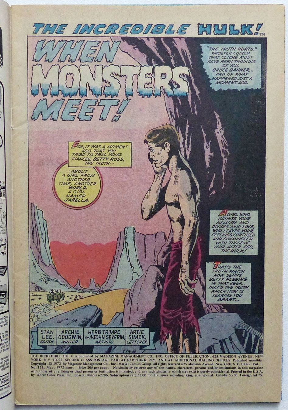 Fumetti: INCREDIBLE HULK #151 HORROR VS. CRAWLING UNKNOWN MARVEL 1972 – Usato da Lugano venduto da YouWantUS 1