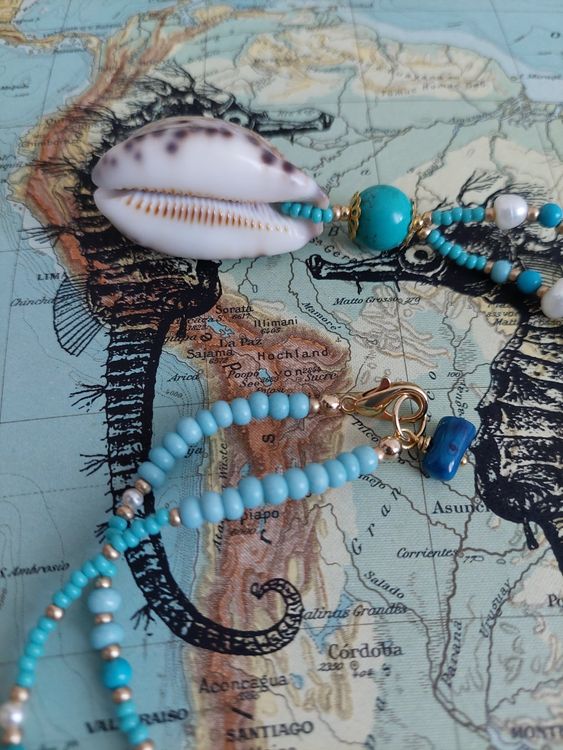 Collier Pendentif Coquille Kauri Véritable Avec Perles Turquoise - Parisienne