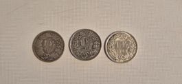 3 Schweizer 1 Franken Münzen 1877  1945  1967