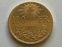 100Fr. Vreneli,1925B, Original, unz +