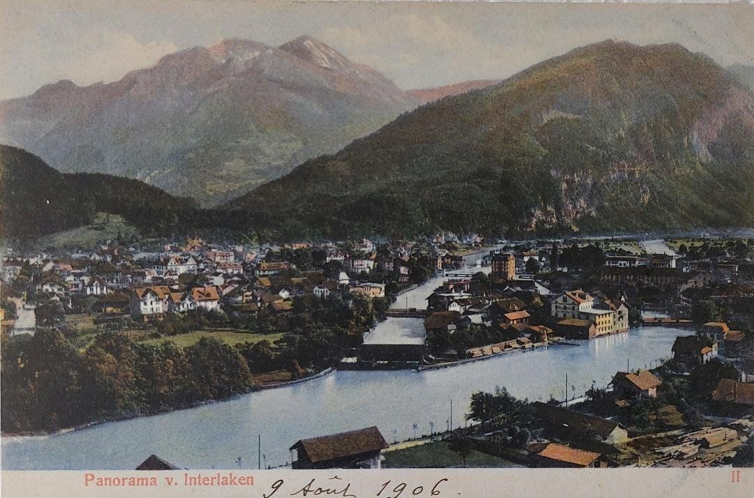 Cartoline postali: INTERLAKEN - Panorama - 1906 – Usato da Delémont venduto da Domdom1