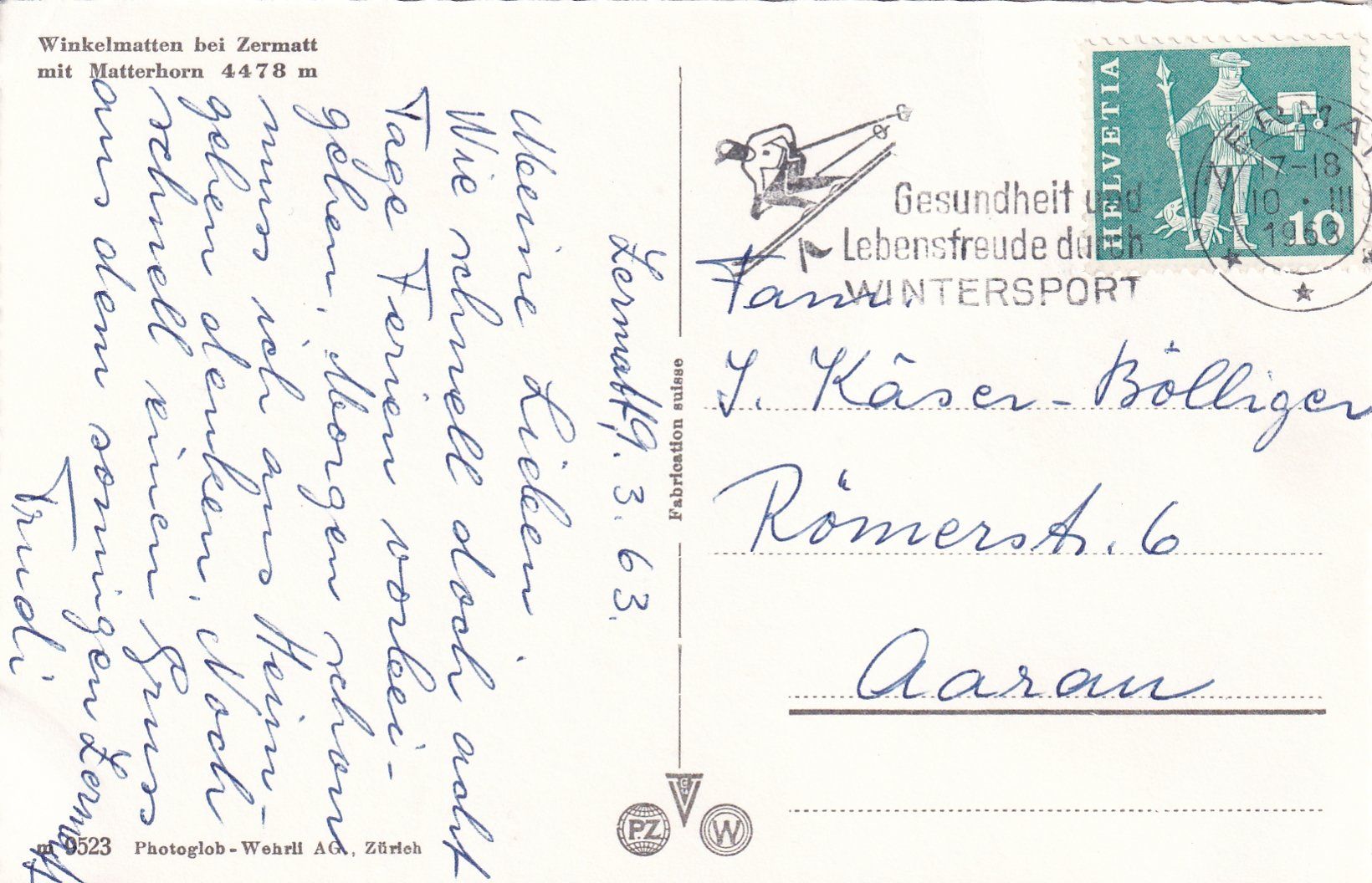 Cartoline postali: Zermatt - Winkelmatten und Matterhorn /bo – Usato da Hombrechtikon venduto da Rudolf07 1