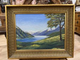 Prächtiges alpines Ölgemälde mit Bergsee, signiert W. Furrer