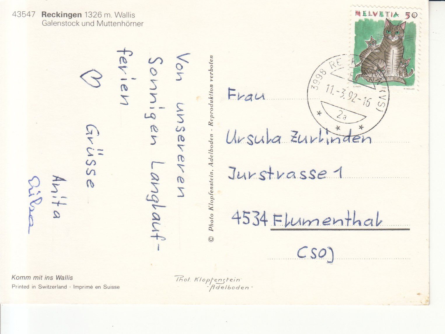 Ansichtskarten: Reckingen 1992 – Gebraucht aus Bürglen TG von StampGraf 1