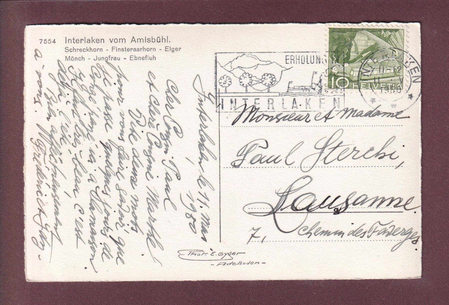 Cartoline postali: INTERLAKEN vom Amisbühl - 1950 – Usato da Pully venduto da nicecards 1