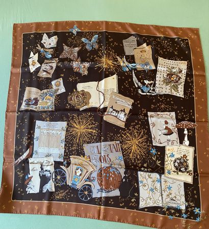 Seidentuch Longchamp braun mit Märchenmotiven 90x90 cm