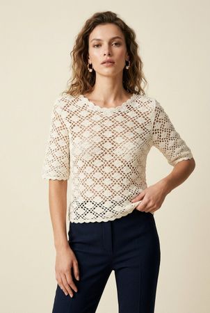 Vintage Haut Crochet Écru Manches Courtes T. S