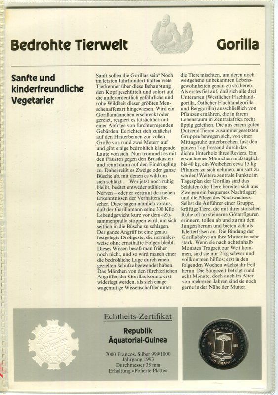 Tutti le monete: Silbermünze "Gorilla. 7.000 Francos Äquatorialguinea". PP. – Nuovo e nell'imballaggio originale da Basel venduto da Butsch5 1
