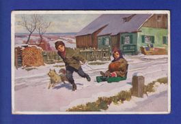 ENFANT - Dans la neige - Luge // pli //