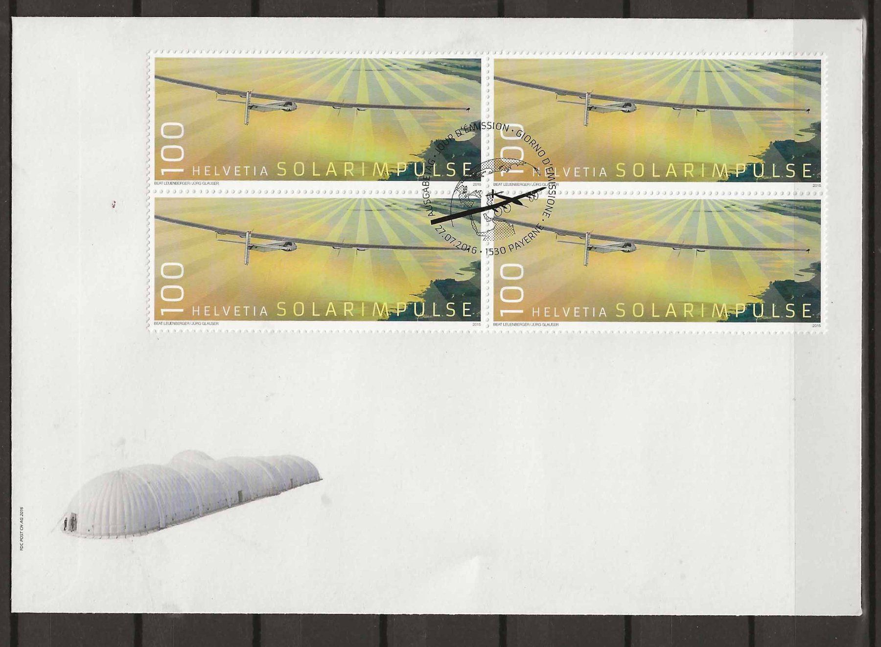 Alle Briefmarken: F1600 - FDC Solar Impulse bloc de quatre – Gebraucht aus Trélex von Phil_Albert